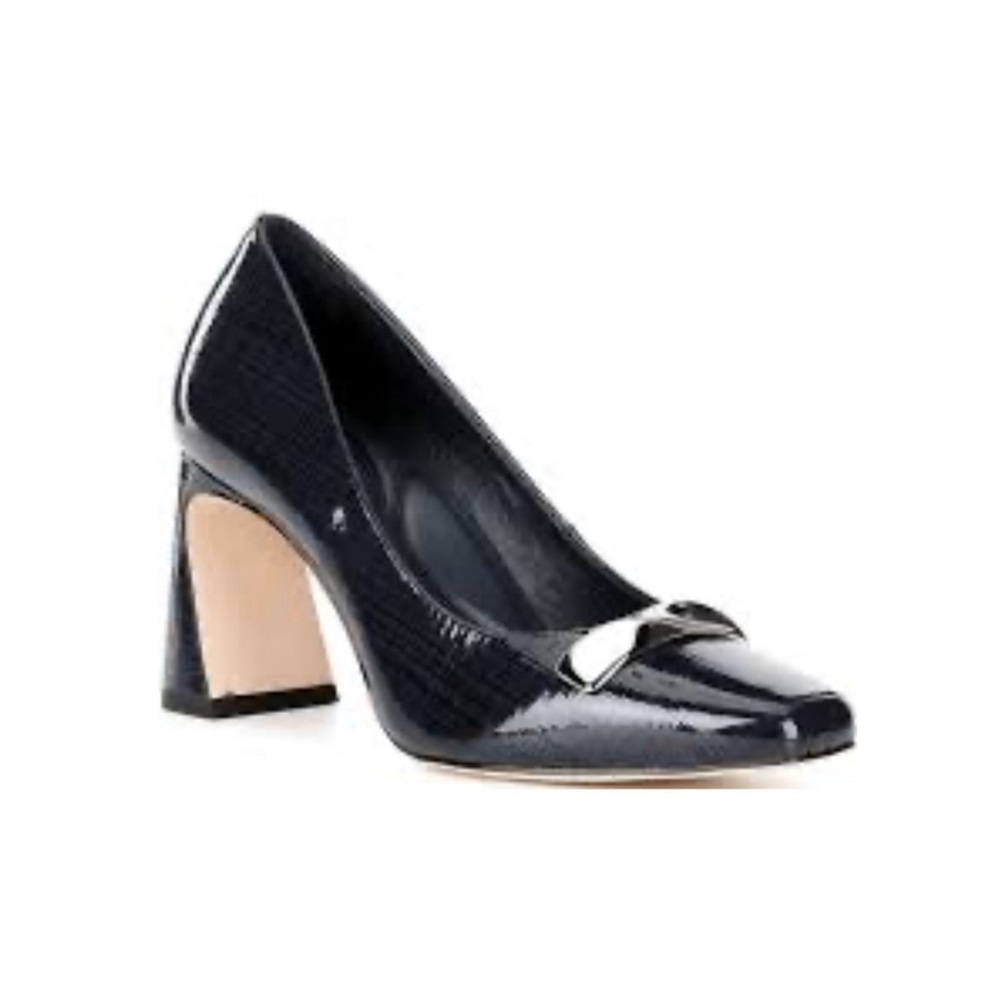 Antonio Melani Elsie Printed Patent Leather Bar Hardware Flared Heel Navy Blue 9
